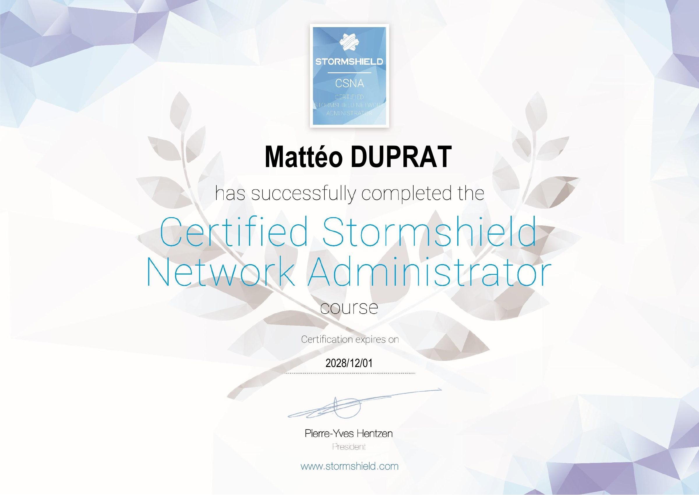 Certificat Certified Stormshield Network Administrator (CSNA) délivré à Mattéo Duprat par Stormshield